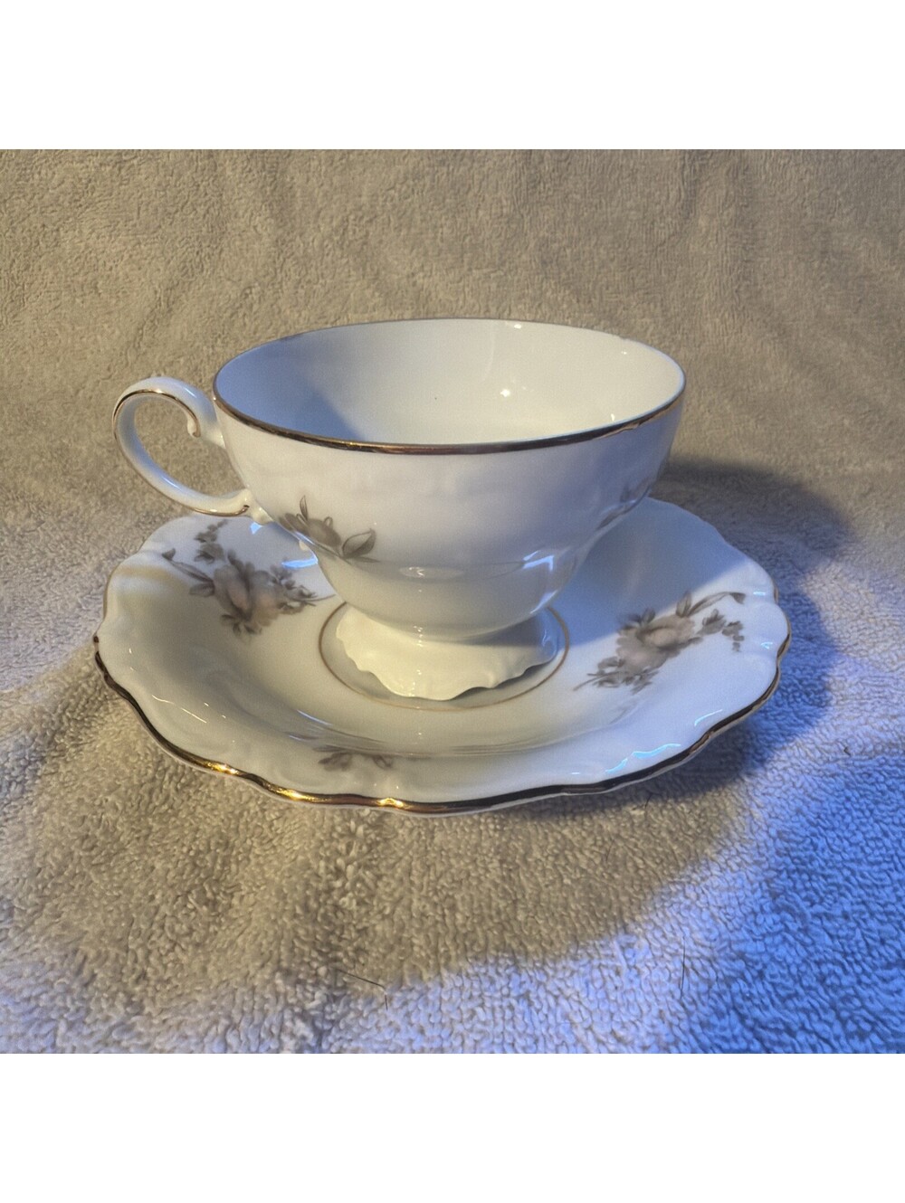 Vintage Johann Haviland Sepia Rose Footed Tea Cup and Saucer Bavarian Porcelain
